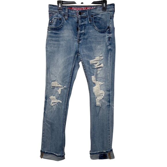 Smugglers Moon men’s Distressed Blue Jeans Size 32x33 Skull & Crossbones Cuffed - Picture 1 of 12